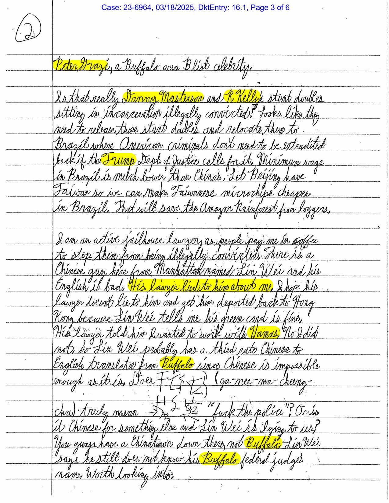 Handwritten Luke Wenke letter to the U.S. Court of Appeals discussing Peter Gerace, Buffalo federal courts, Hamas, China, Brazil, and Donald Trump.
