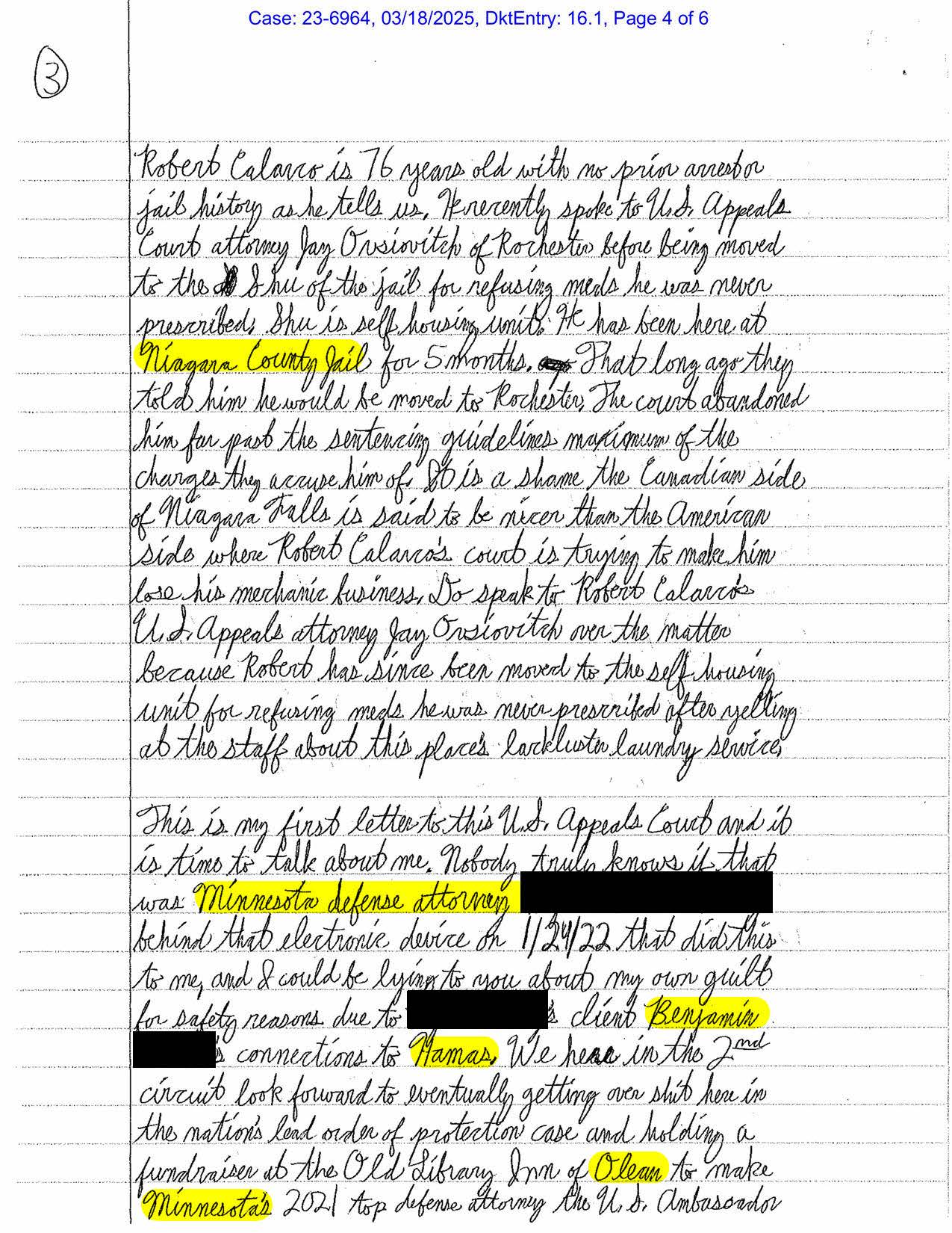 Handwritten Luke Wenke letter to the U.S. Court of Appeals discussing Niagara County Jail, another inmate, a Minnesota defense attorney, electronic-device allegations, and Hamas.