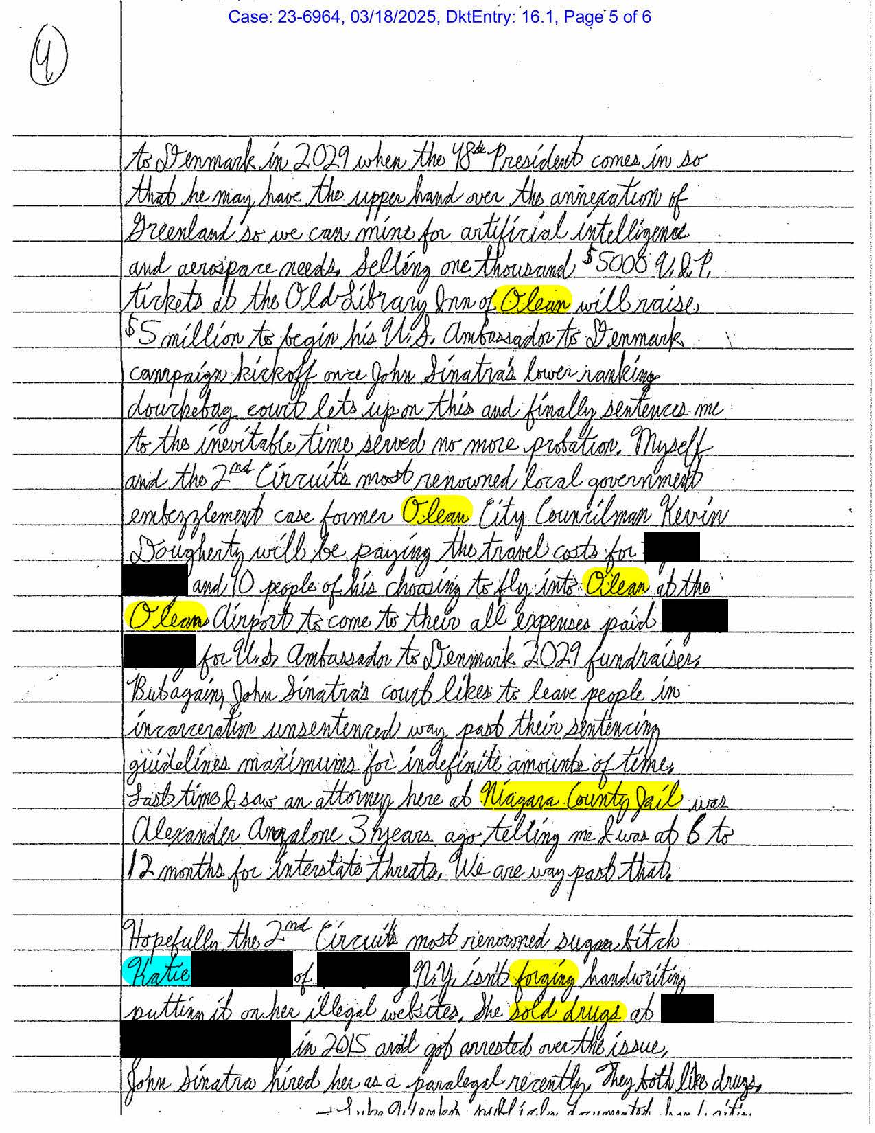 Handwritten Luke Wenke letter to the U.S. Court of Appeals discussing Olean, Judge John Sinatra, incarceration, Wyoming County Jail, and illegal drugs.