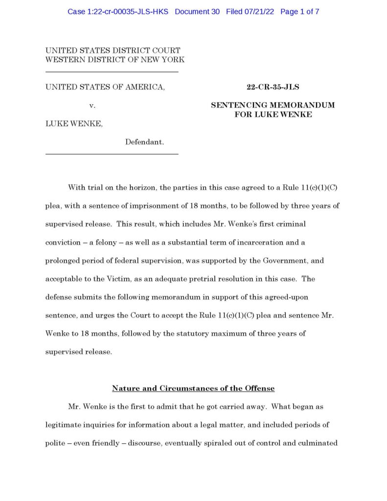 usa v. luke wenke sentencing memorandum july 2022