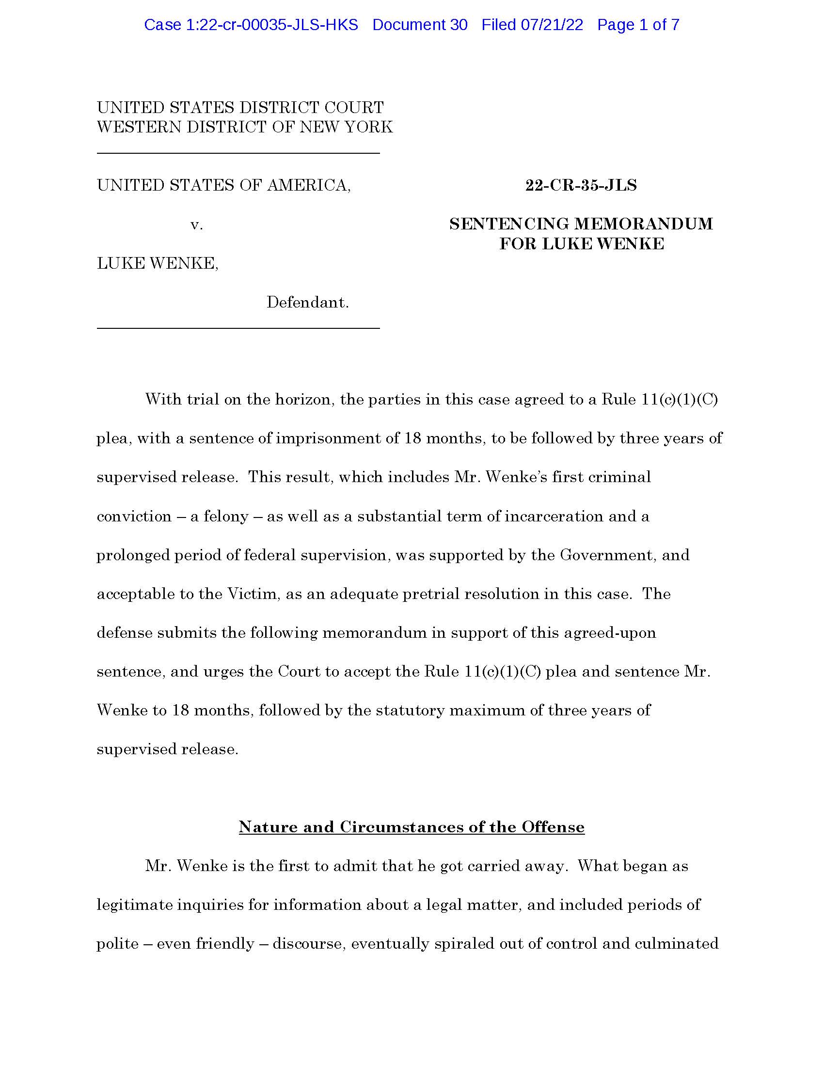 Page 1 of Luke Wenke’s July 21, 2022 federal sentencing memorandum in U.S. v. Luke Wenke.