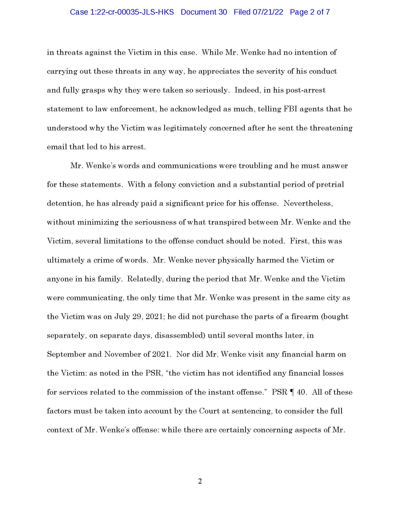 Page 2 of Luke Wenke’s federal sentencing memorandum discussing threats against the victim and mitigating arguments.