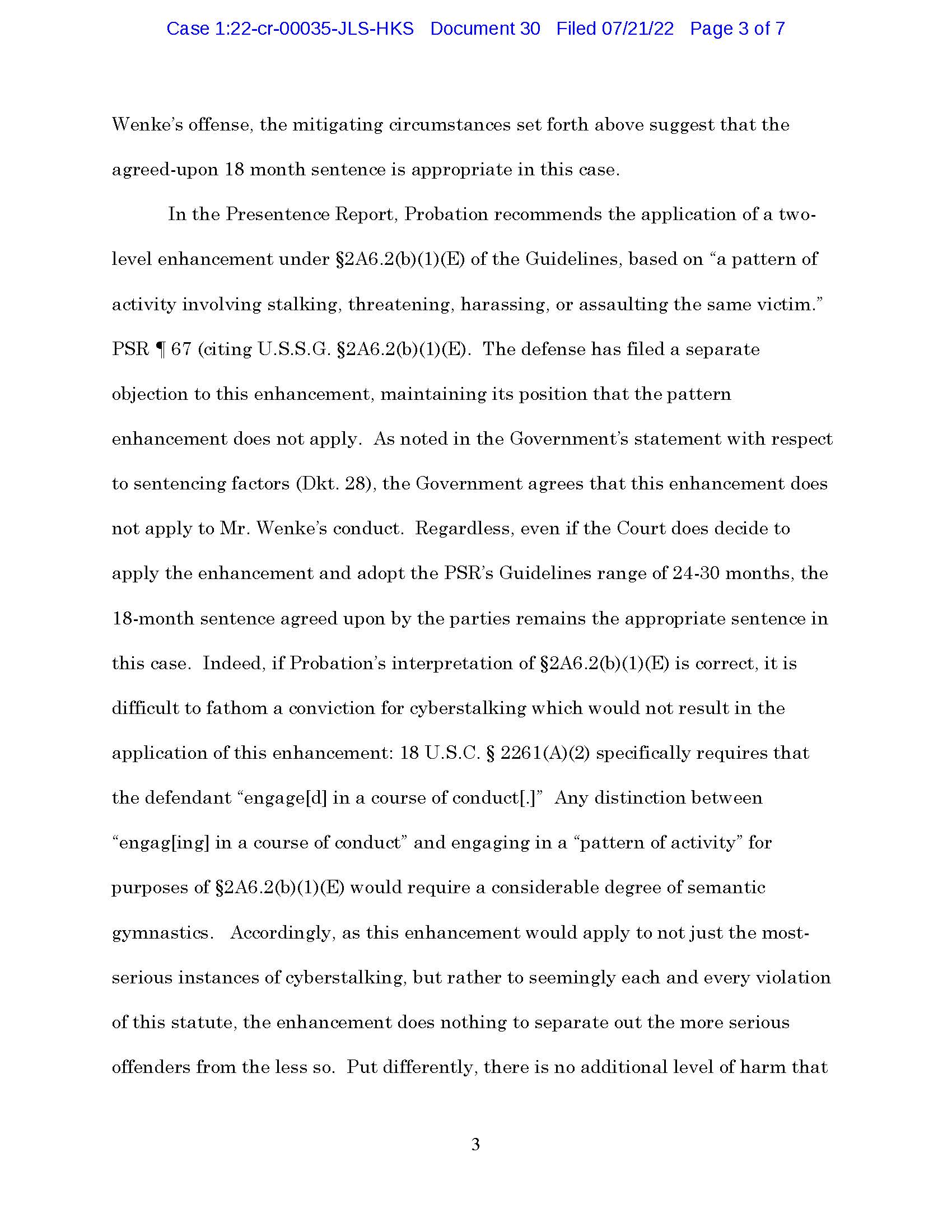 Page 3 of Luke Wenke’s sentencing memorandum discussing a proposed cyberstalking sentencing enhancement.