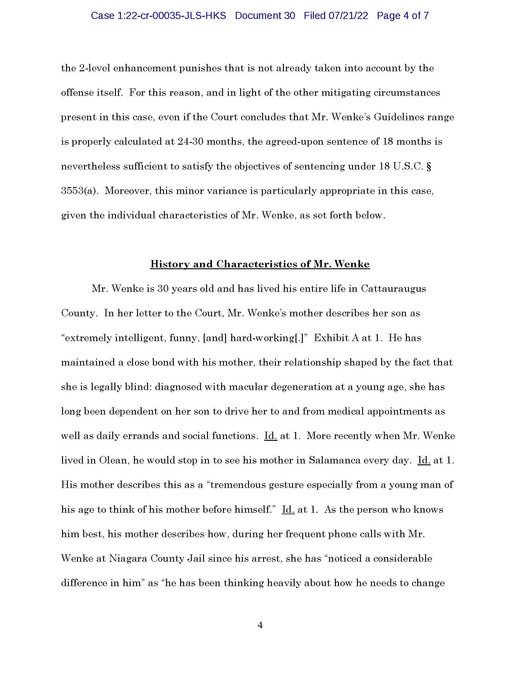 Page 4 of Luke Wenke’s sentencing memorandum discussing his history, characteristics, mother, and Cattaraugus County background.
