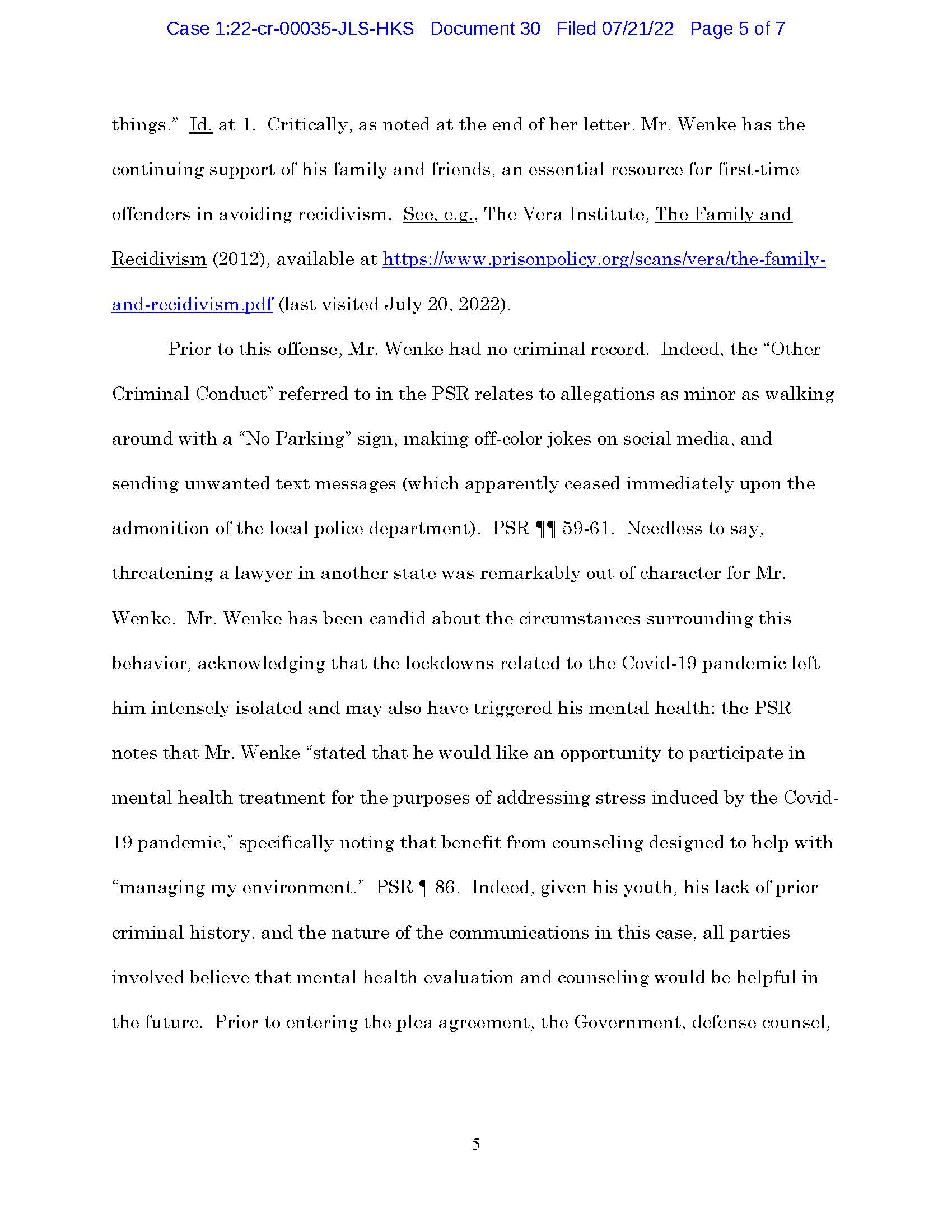 Page 5 of Luke Wenke’s sentencing memorandum discussing prior conduct, COVID-19 isolation, and proposed mental health treatment.