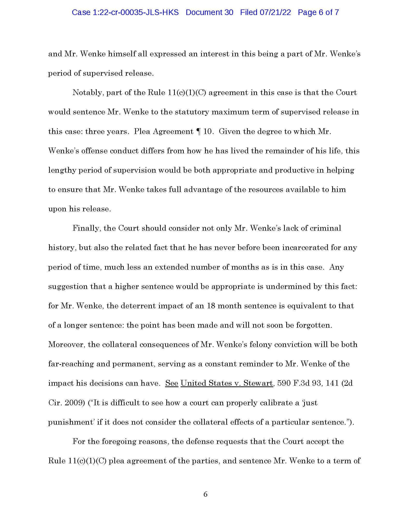 Page 6 of Luke Wenke’s sentencing memorandum arguing for 18 months in prison followed by supervised release.