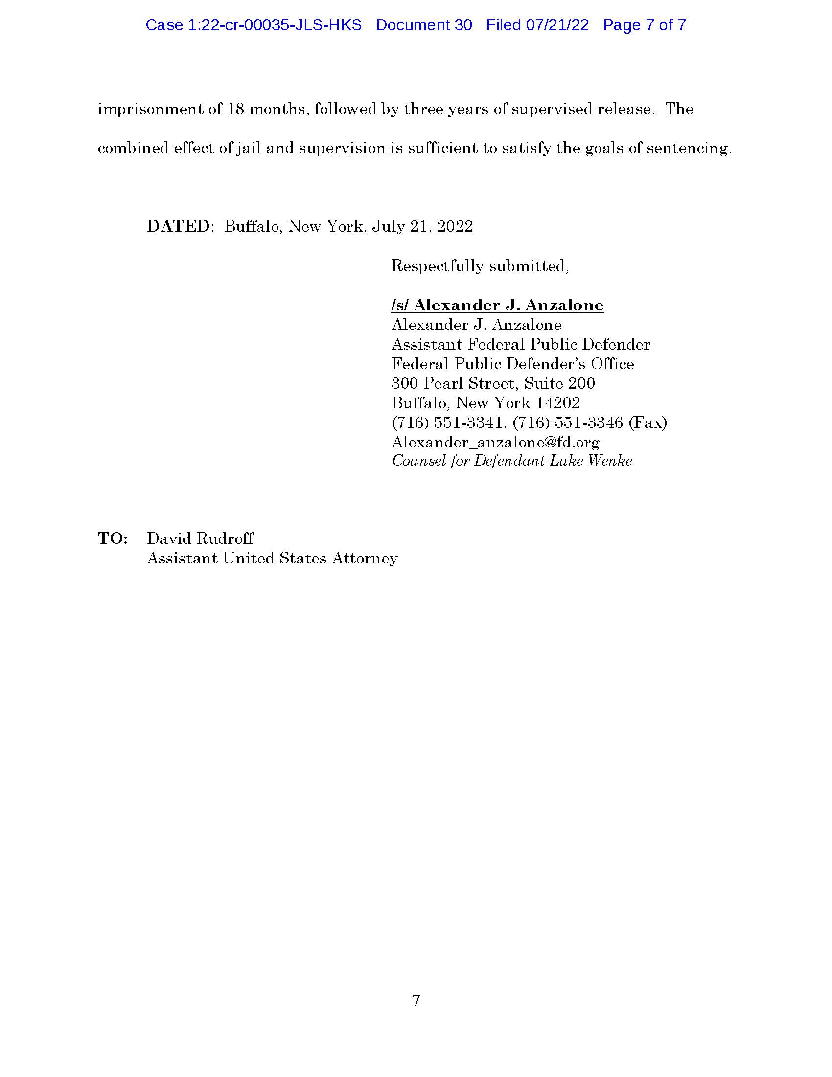 Final page of Luke Wenke’s July 2022 sentencing memorandum requesting 18 months in prison and three years of supervised release.