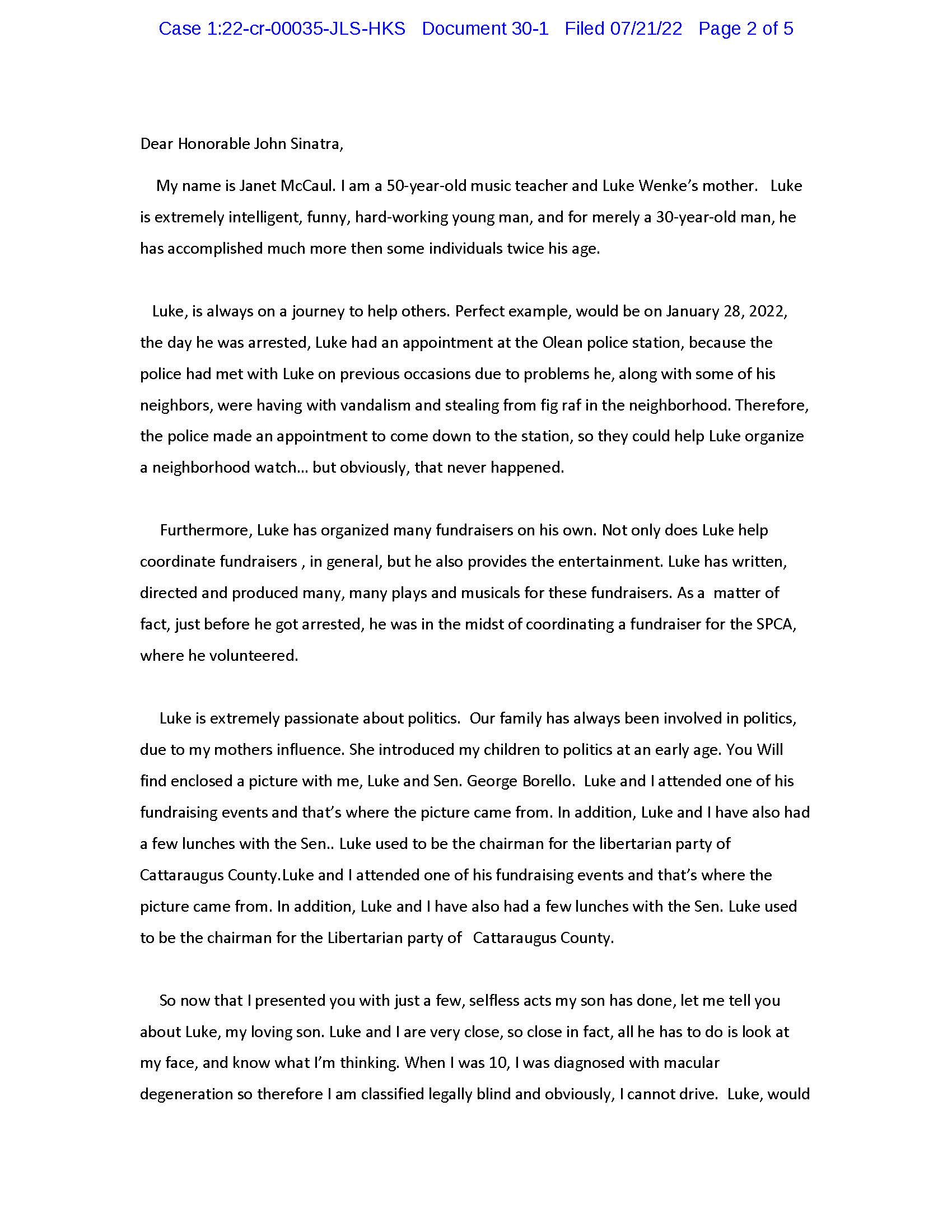 Page 1 of Janet McCaul’s letter to Judge John Sinatra supporting her son Luke Wenke before sentencing.