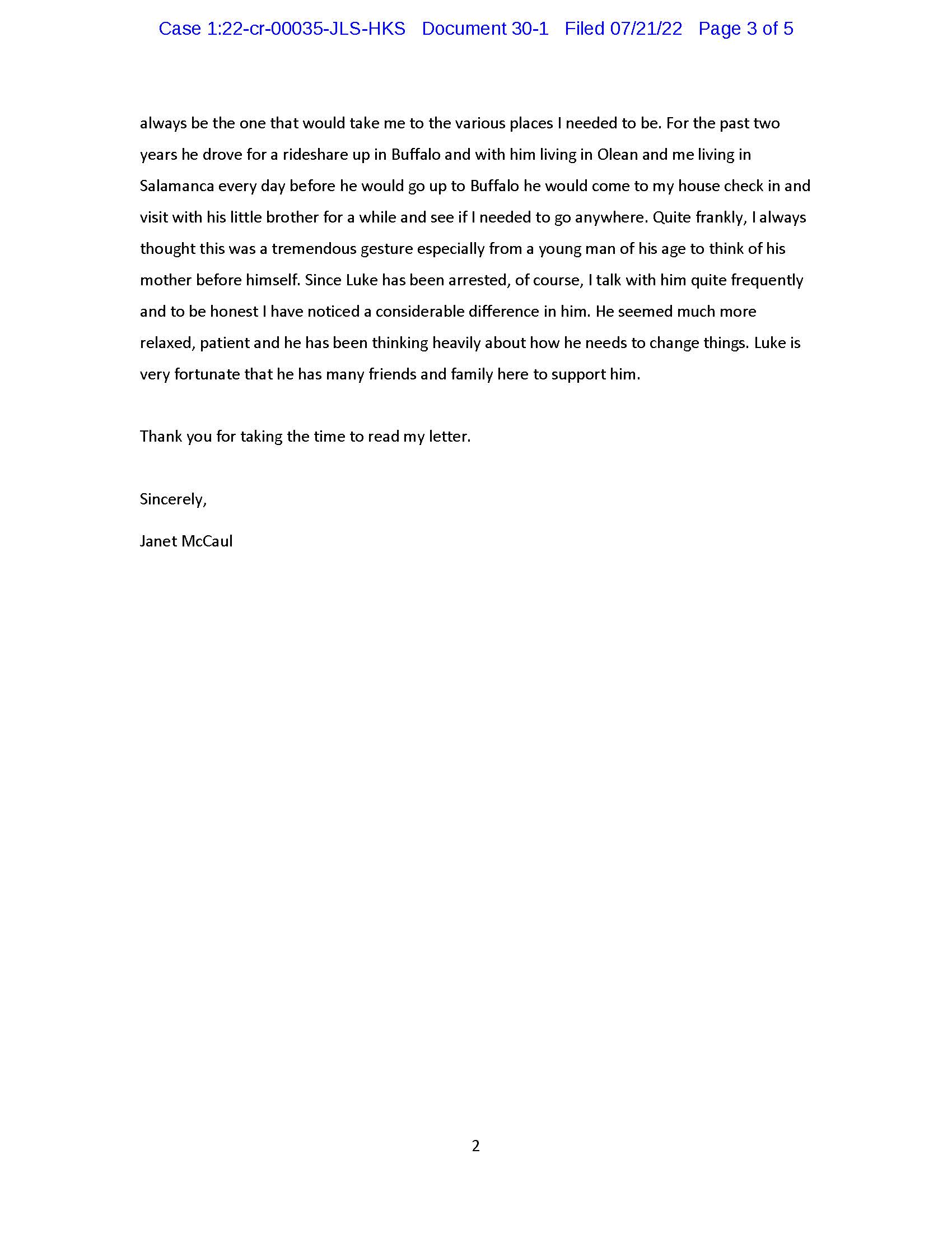Page 2 of Janet McCaul’s letter describing her relationship with Luke Wenke and changes she observed following his arrest.