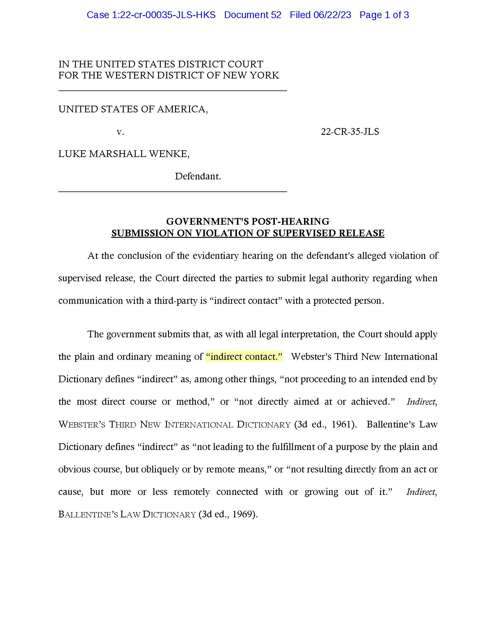 Page one of the federal court's post-hearing memorandum concerning Luke Wenke's supervised release violation.
