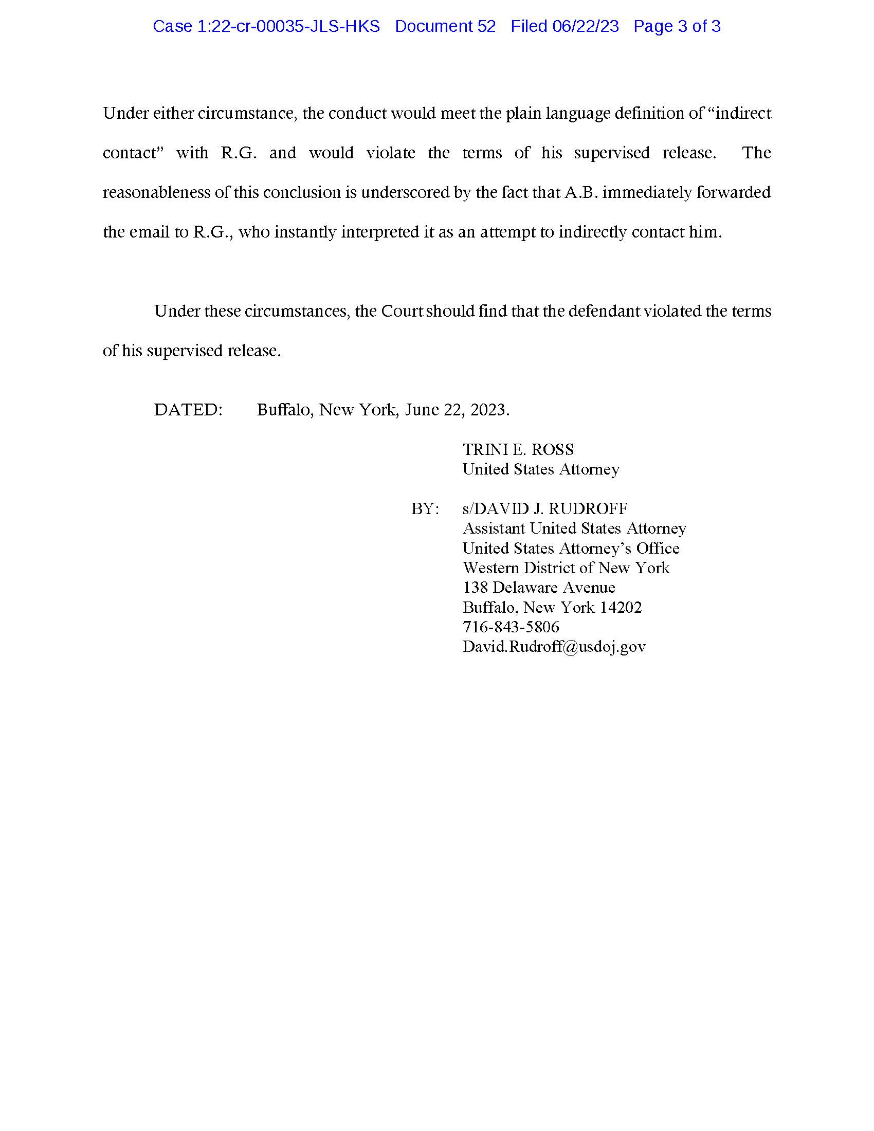 Page three of the federal court's post-hearing memorandum concerning Luke Wenke's supervised release violation.
