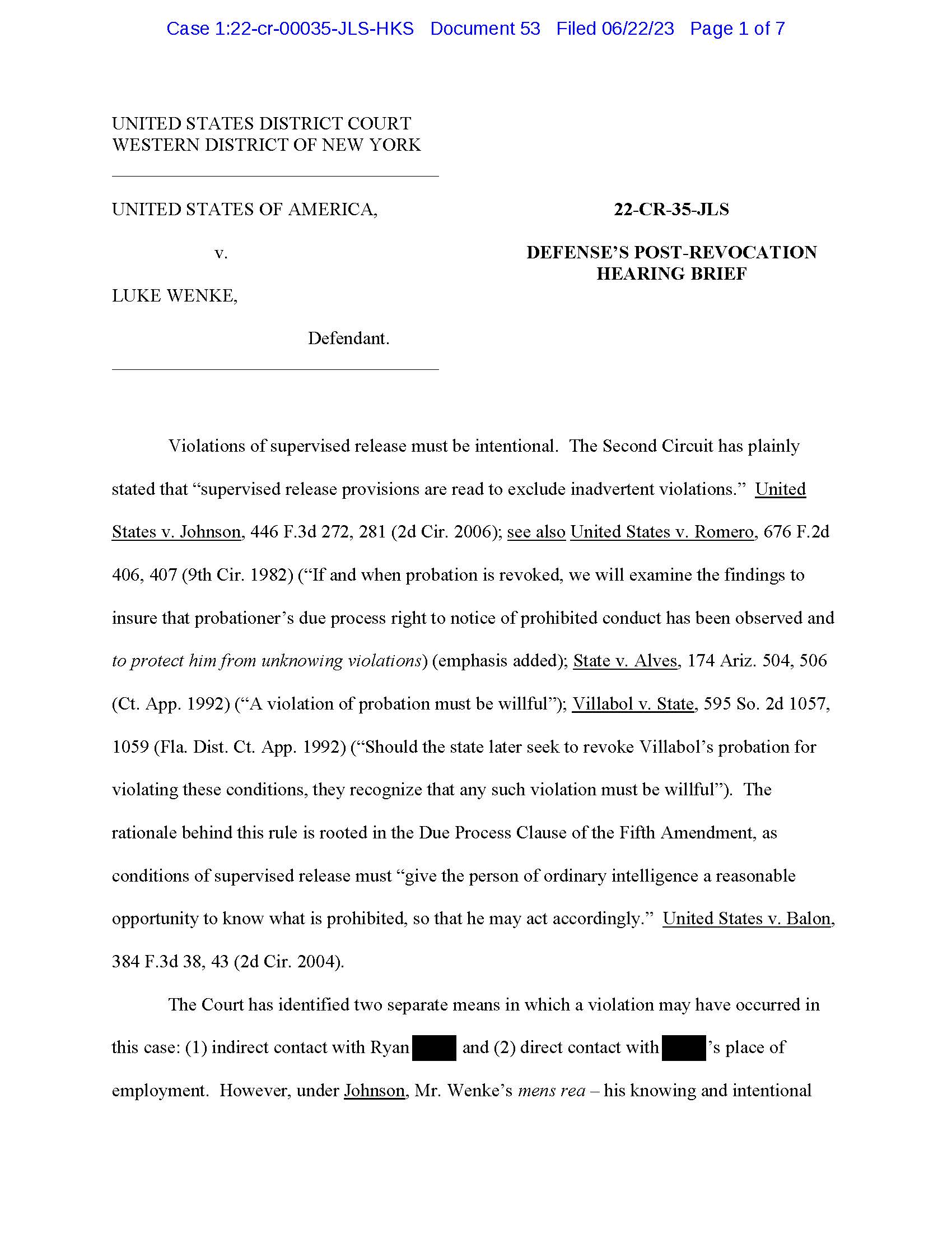 Page 1 of Luke Wenke’s defense post-revocation hearing brief filed June 22, 2023 in USA v. Luke Wenke.