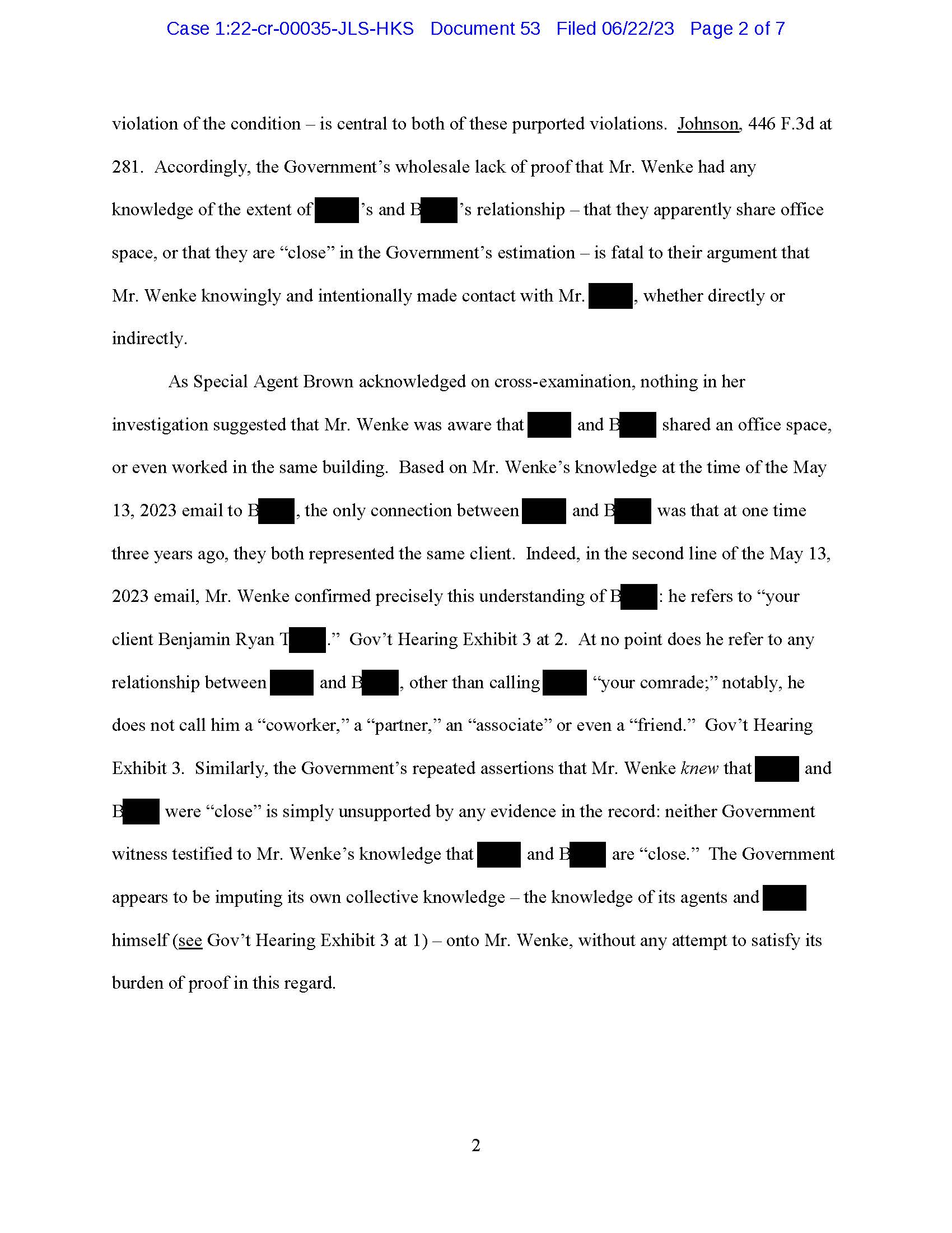Page 2 of Luke Wenke’s June 2023 defense brief addressing alleged supervised release violations and prohibited contact.