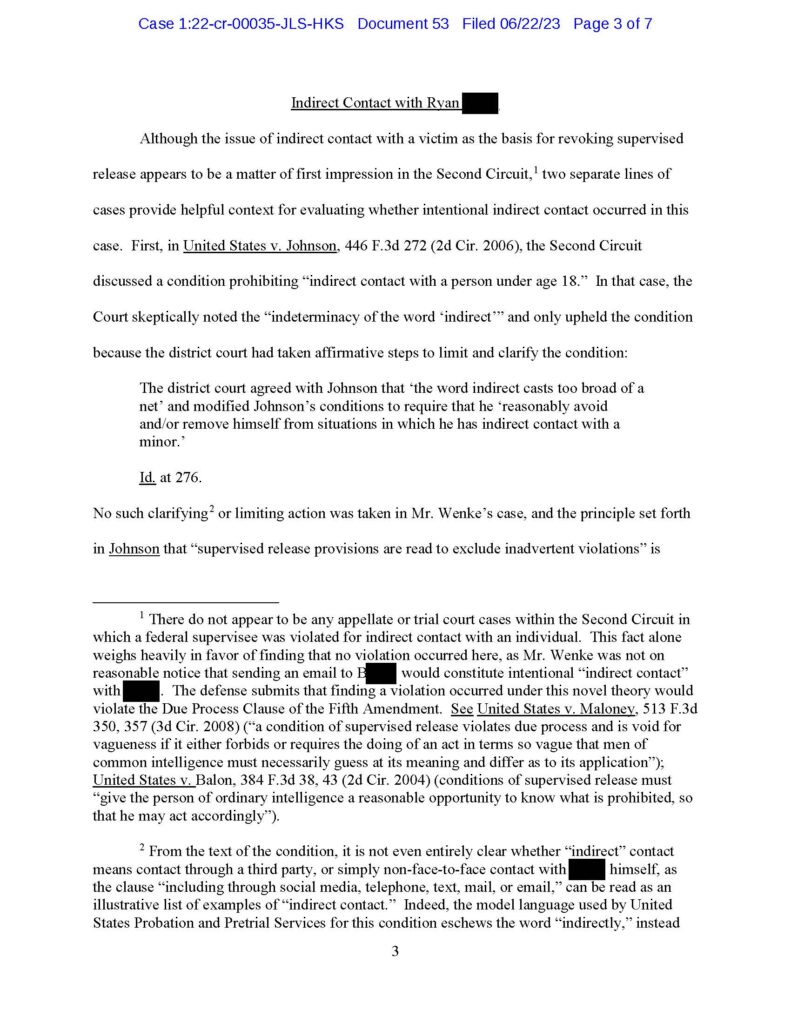 usa v. luke wenke defense argument that luke wenke did not violate probation by indirectly contacting victim