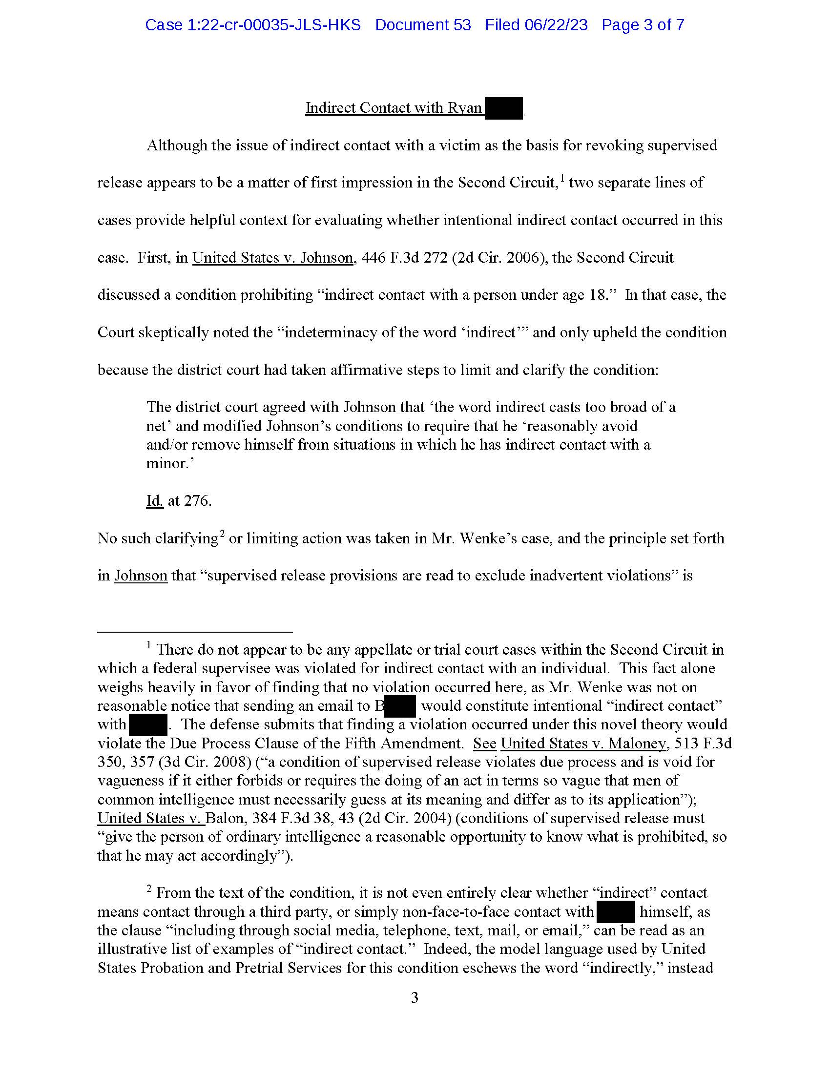 Page 3 of Luke Wenke’s defense brief discussing alleged indirect contact and supervised release conditions.
