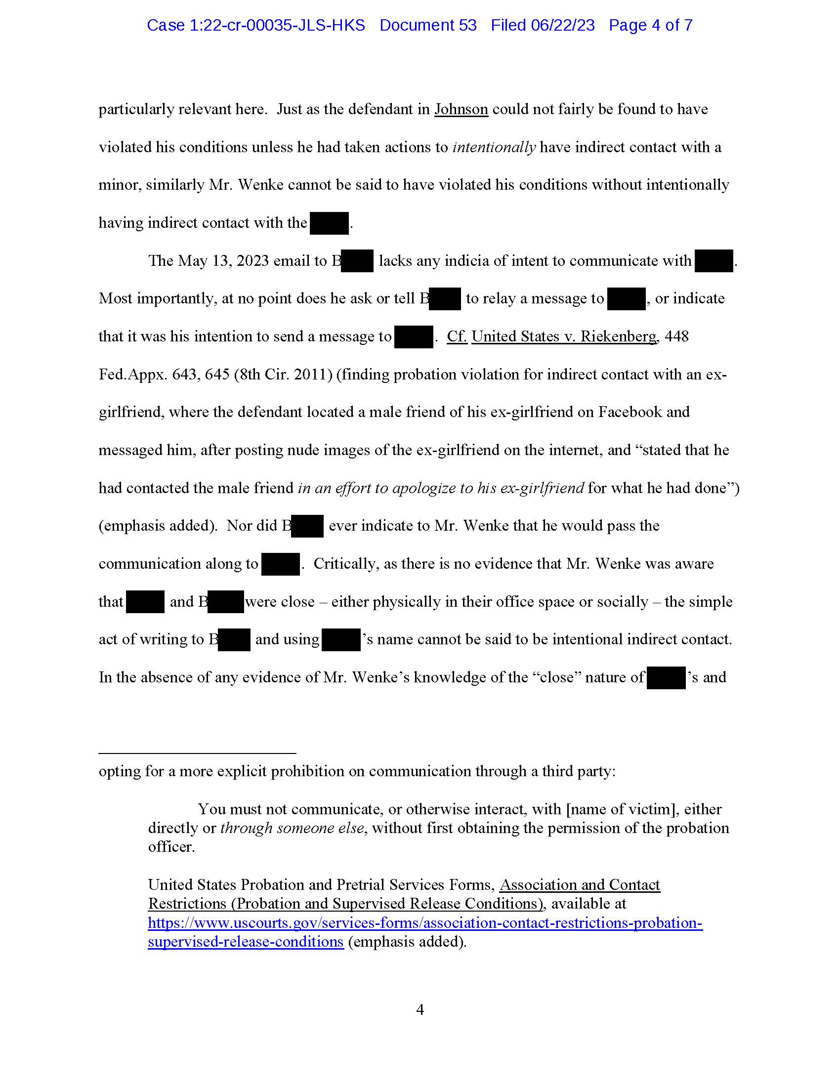 Page 4 of Luke Wenke’s post-revocation brief arguing that a May 2023 email did not constitute intentional indirect contact.