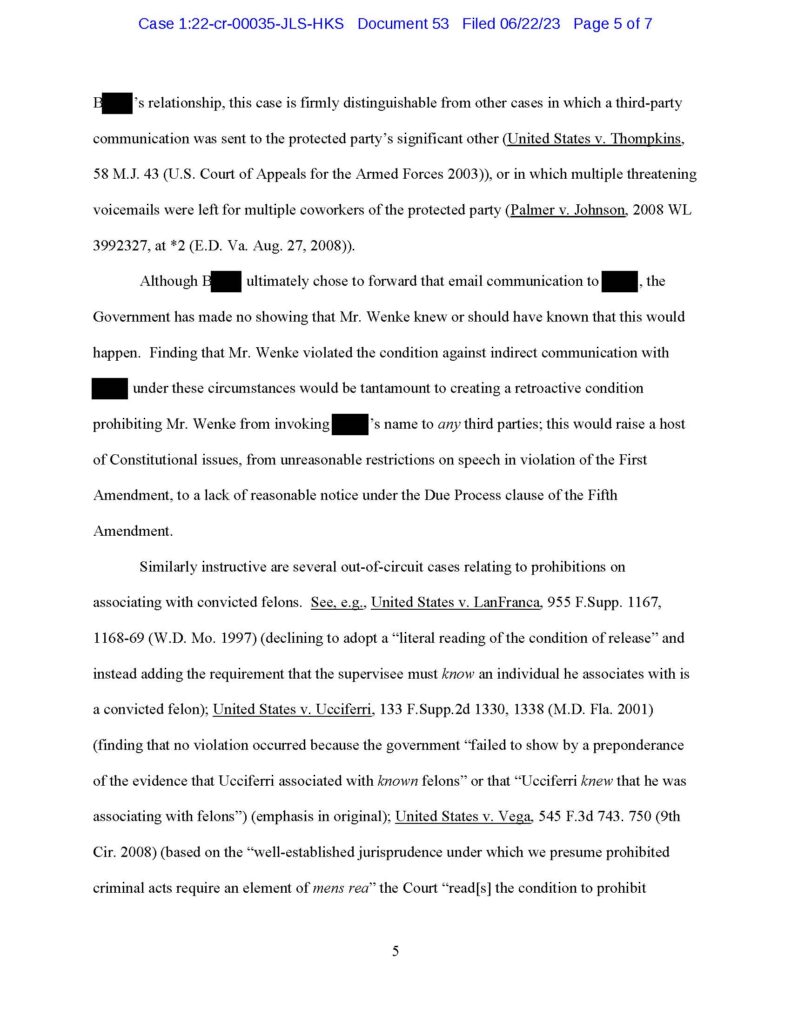 usa v. luke wenke defense argument that luke wenke did not violate probation by indirectly contacting victim