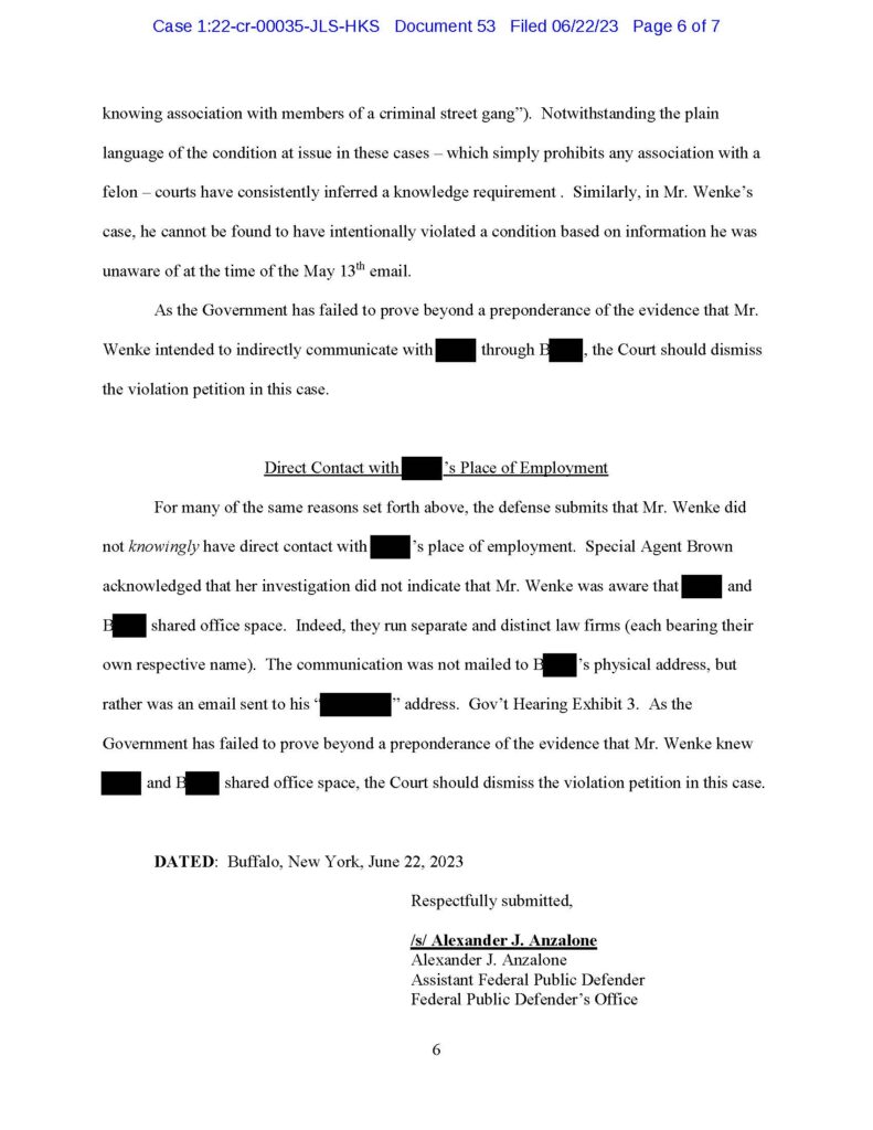 usa v. luke wenke defense argument that luke wenke did not violate probation by indirectly contacting victim