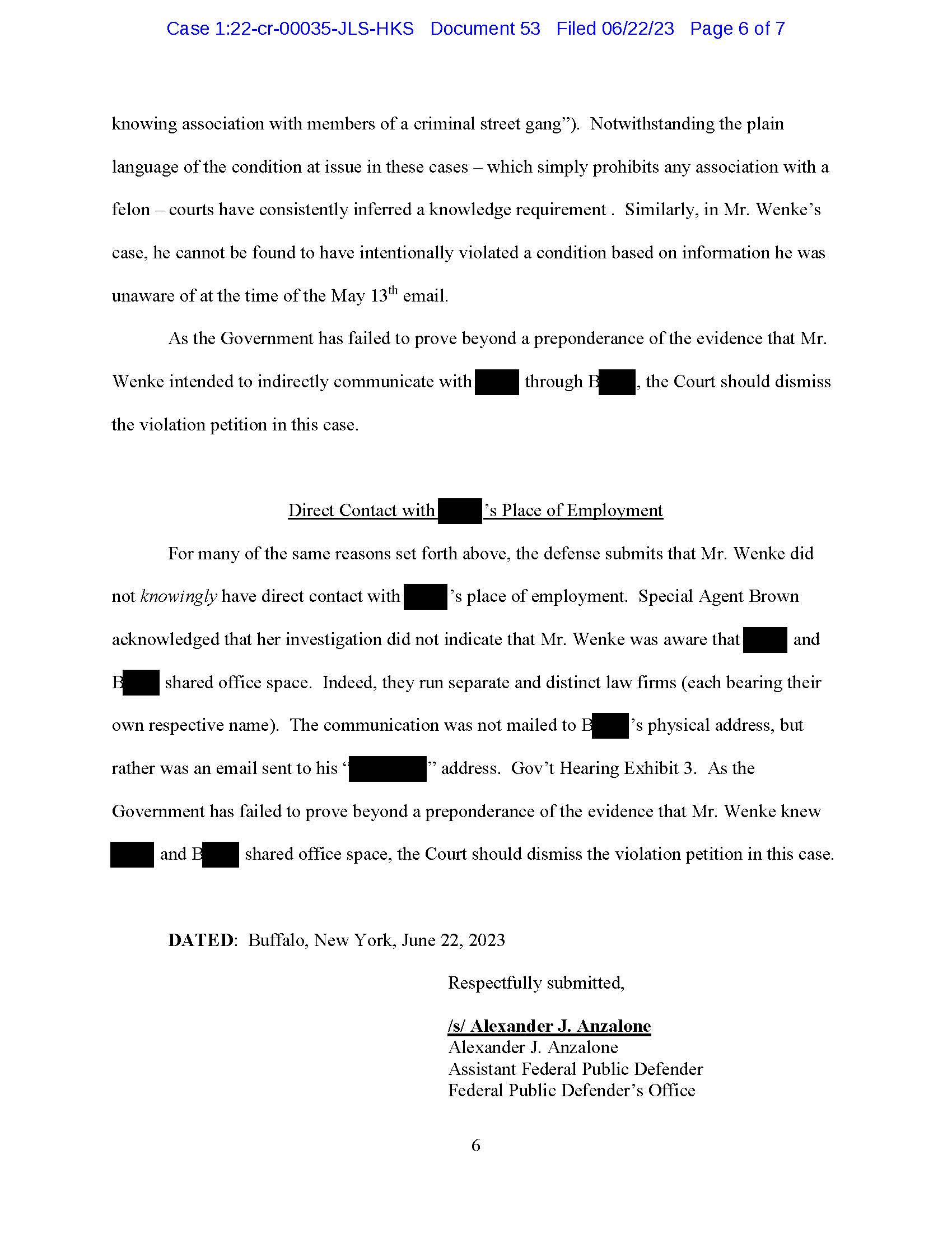 Page 6 of Luke Wenke’s defense brief seeking dismissal of alleged supervised release violations involving prohibited contact.