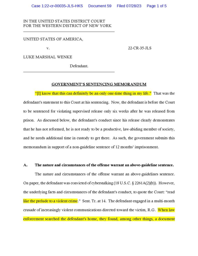 usa v. luke wenke sentencing memorandum for violating probation by contacting victim 07-28-2023