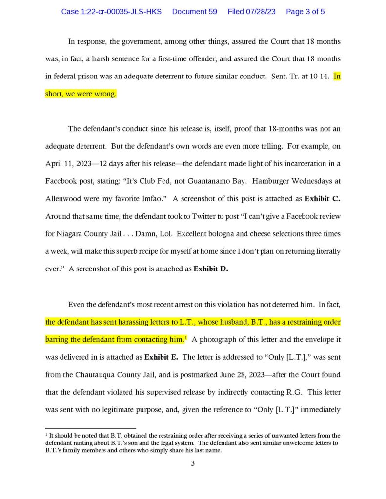 usa v. luke wenke sentencing memorandum for violating probation by contacting victim 07-28-2023