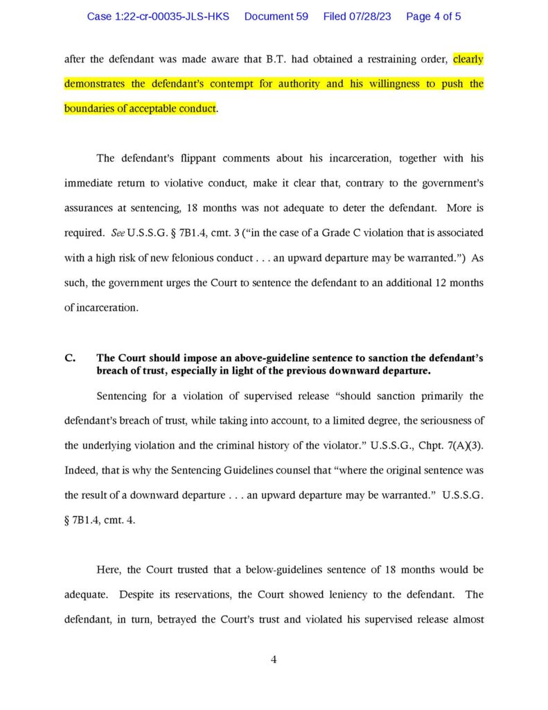 usa v. luke wenke sentencing memorandum for violating probation by contacting victim 07-28-2023