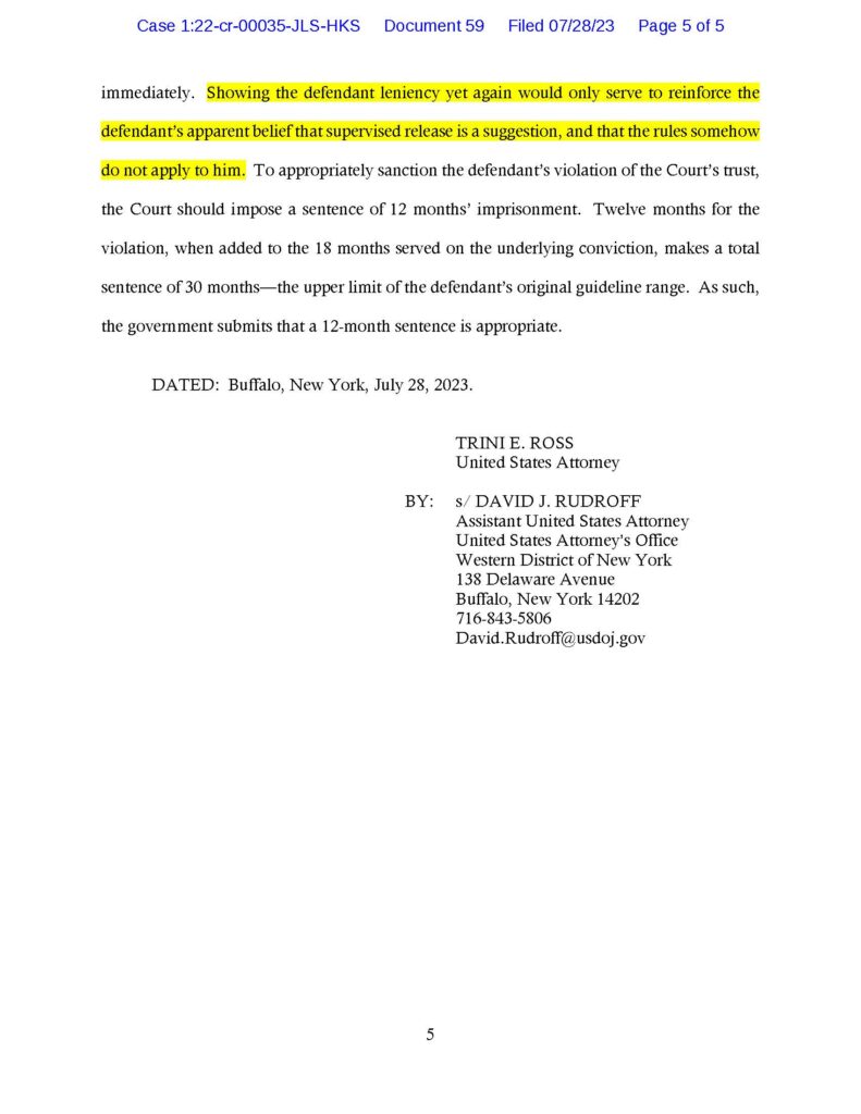 usa v. luke wenke sentencing memorandum for violating probation by contacting victim 07-28-2023