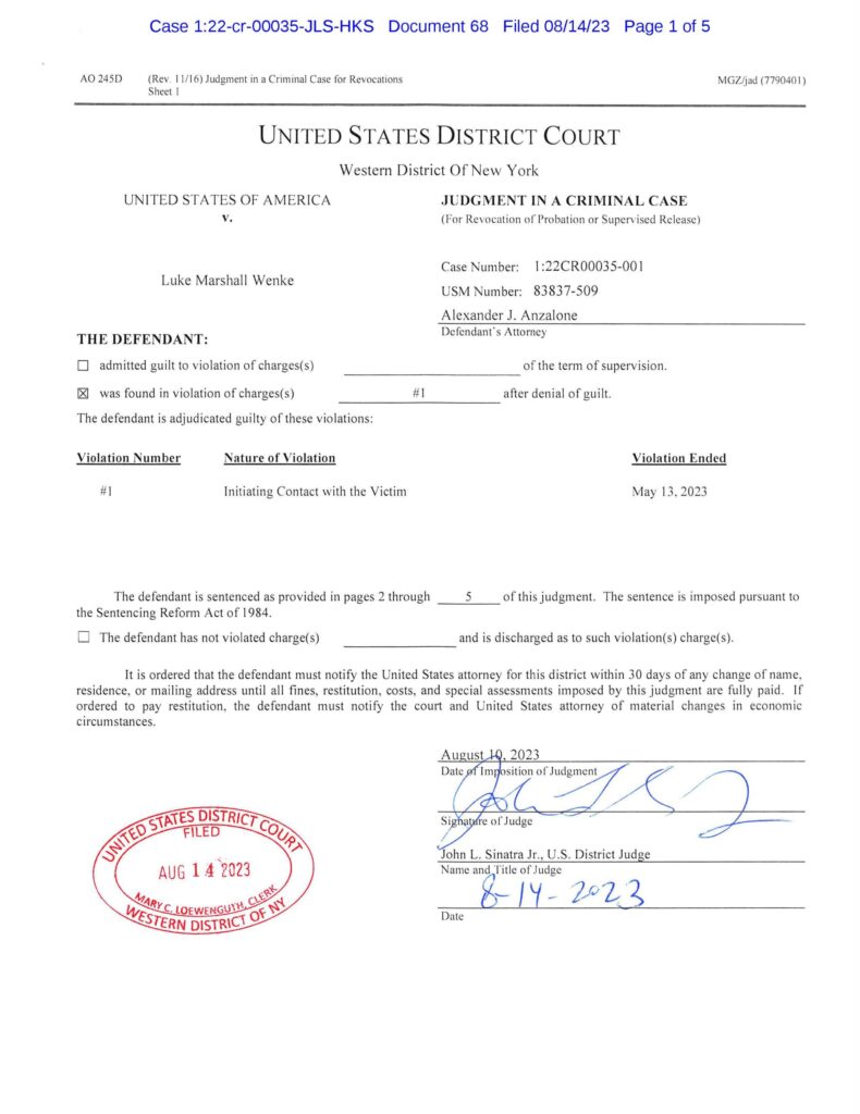 usa v. wenke judgment finding luke wenke guilty of violating federal probation 2023