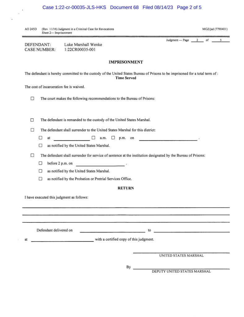 usa v. wenke judgment finding luke wenke guilty of violating federal probation 2023