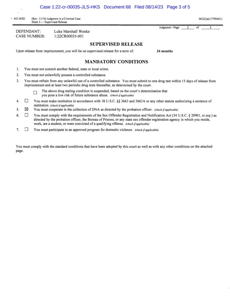 usa v. wenke judgment finding luke wenke guilty of violating federal probation 2023