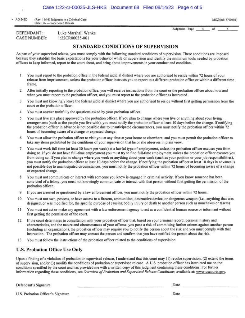 usa v. wenke judgment finding luke wenke guilty of violating federal probation 2023
