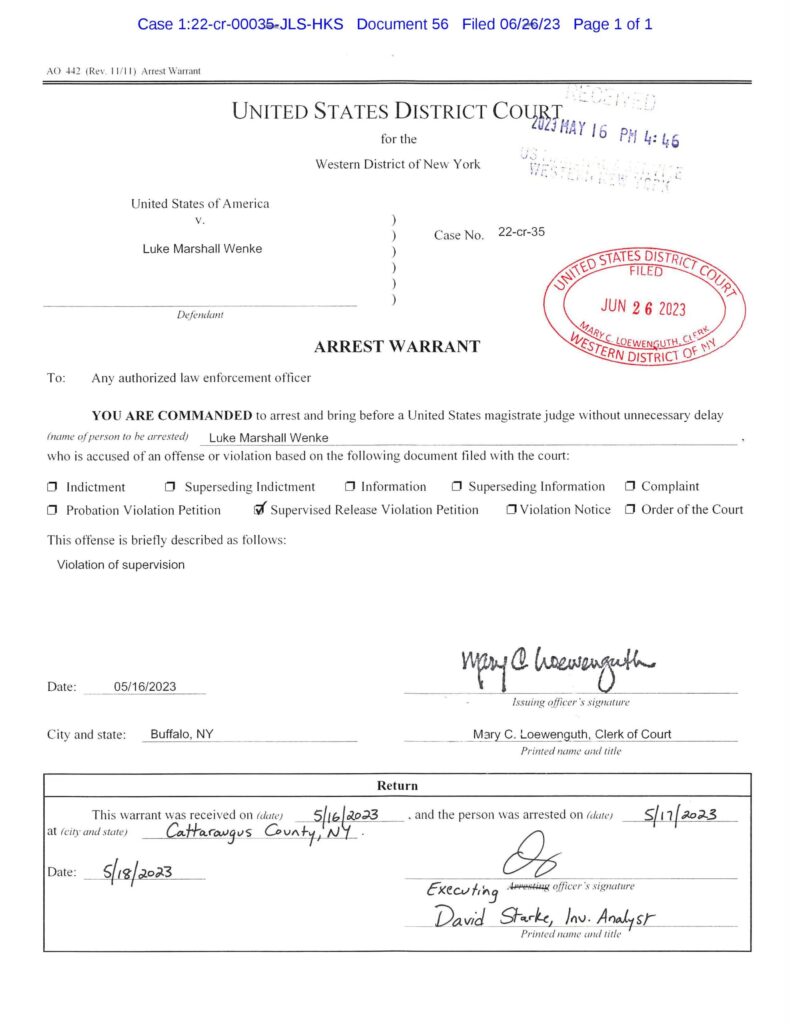 federal arrest warrant luke wenke
