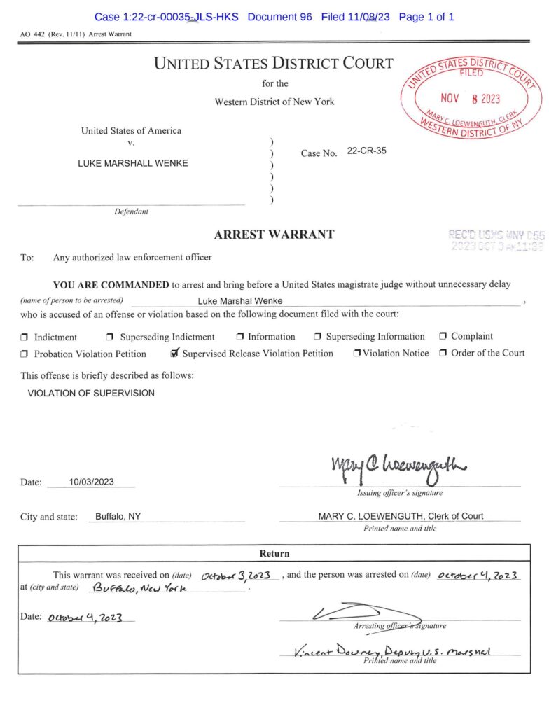 federal arrest warrant for luke wenke for violating probation