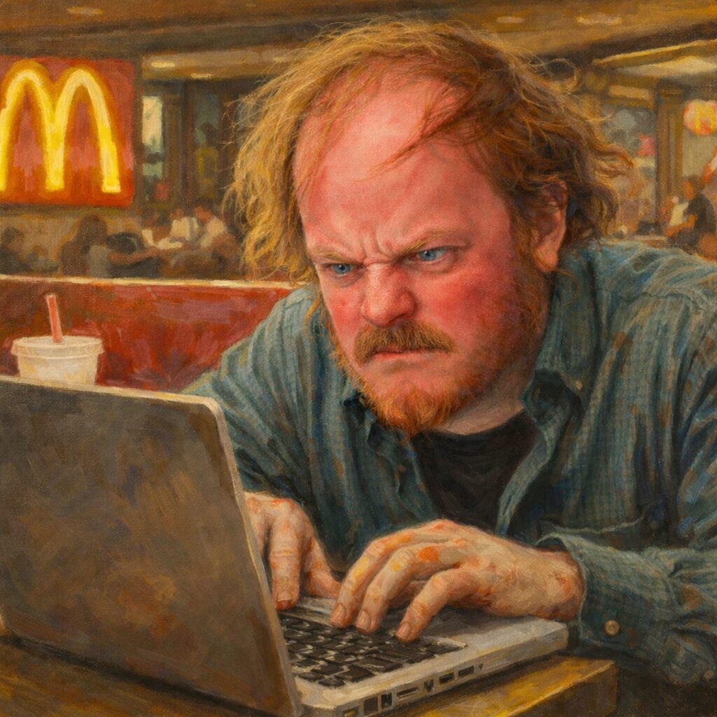 not luke wenke angrily typing laptop mcdonalds disheveled balding white man