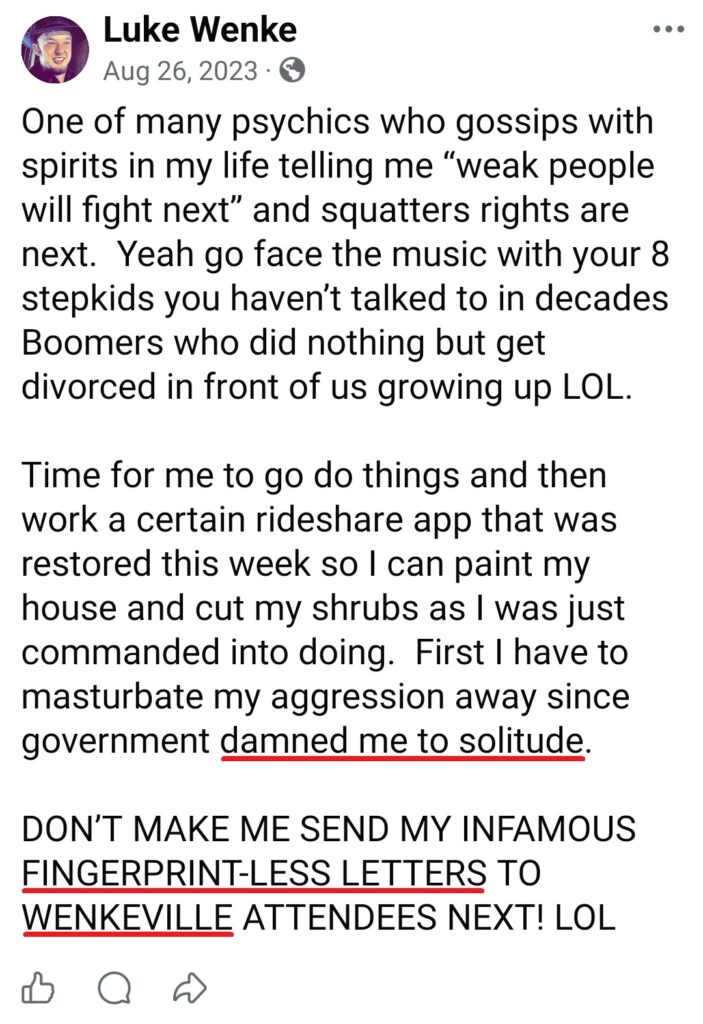 luke wenke facebook screenshot incel talk wenkeville letter writing obsession