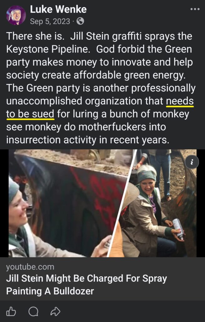 luke wenke facebook screenshot threats to sue green party 2023