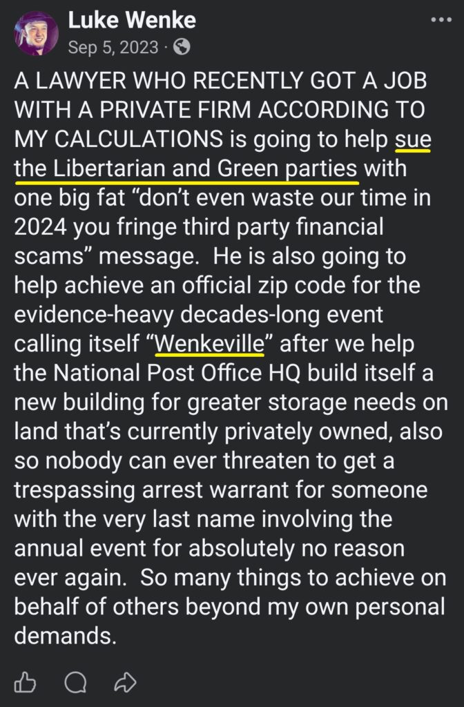 luke wenke facebook screenshot threats to sue green party libertarian party 2023