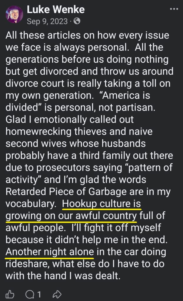 luke wenke facebook screenshot incel talk self-pity 2023