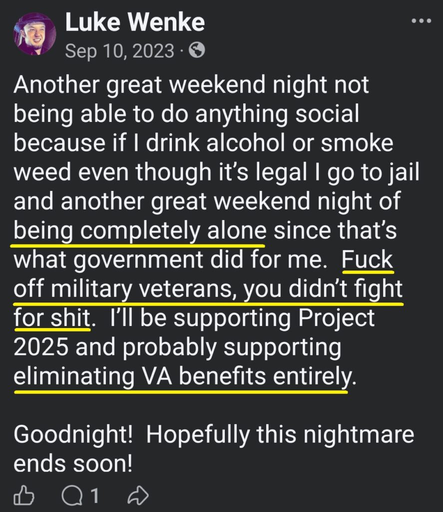 luke wenke tells us military veterans to fuck off september 2023