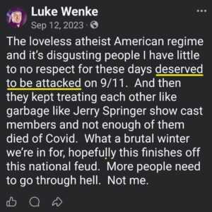 luke wenke facebook screenshot antiamerican pro terrorist 2023