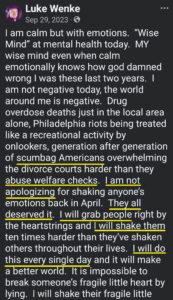 luke wenke facebook screenshot incel talk 2023