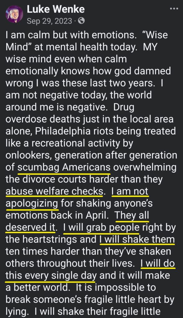 luke wenke calls americans scumbags and welfare abusers on facebook september 2023