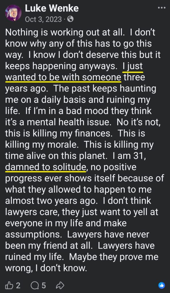 luke wenke facebook screenshot incel talk 2023