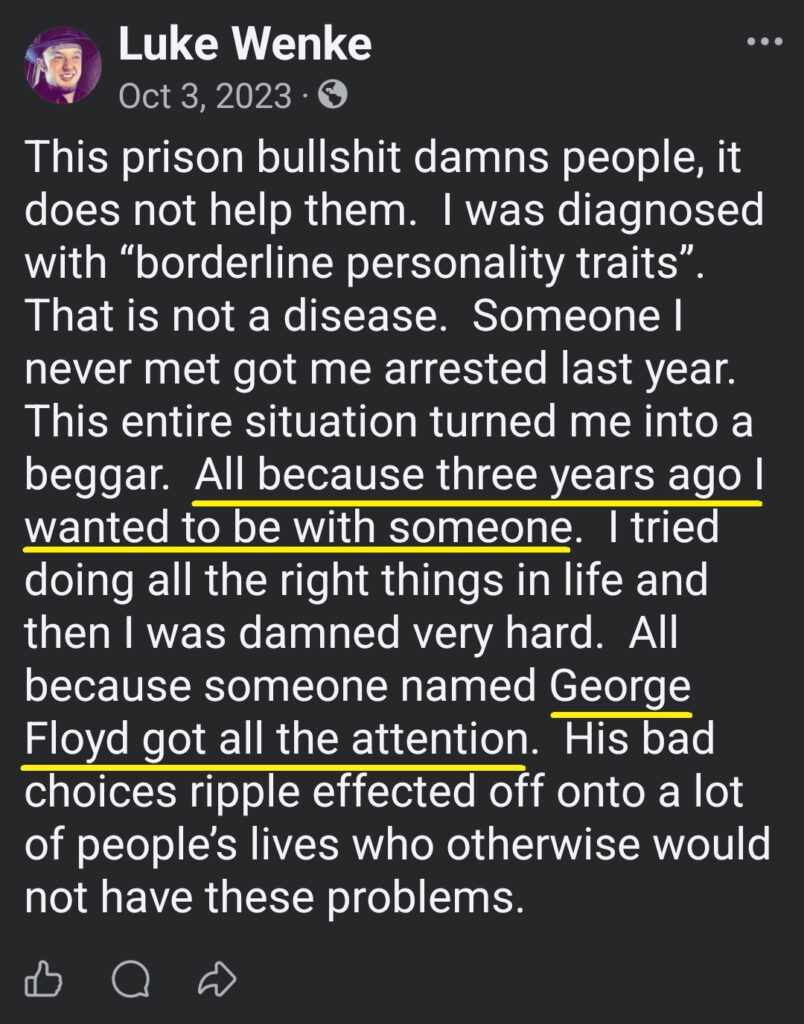 luke wenke facebook screenshot incel talk 2023