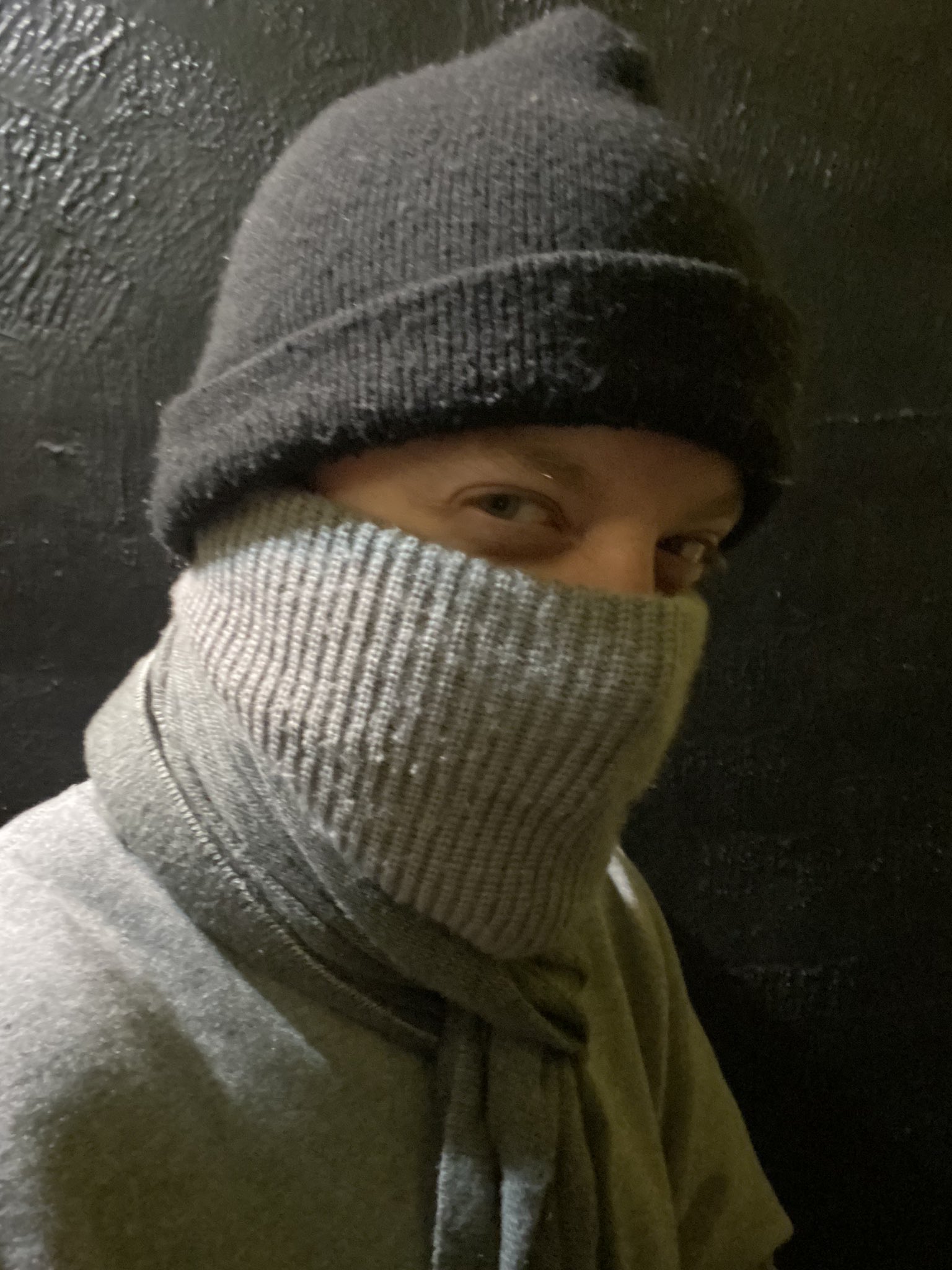Luke Wenke wearing a black knit hat and gray scarf covering his nose and mouth.
