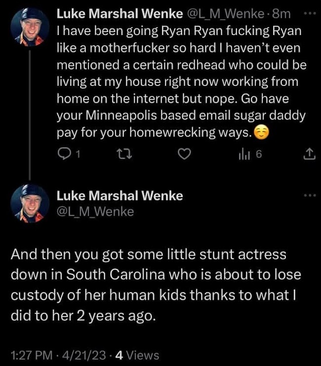 screenshot of an april 2023 x/twitter post by luke wenke obsessing over benjamin ryan teeter and threatening to take lexys kids away