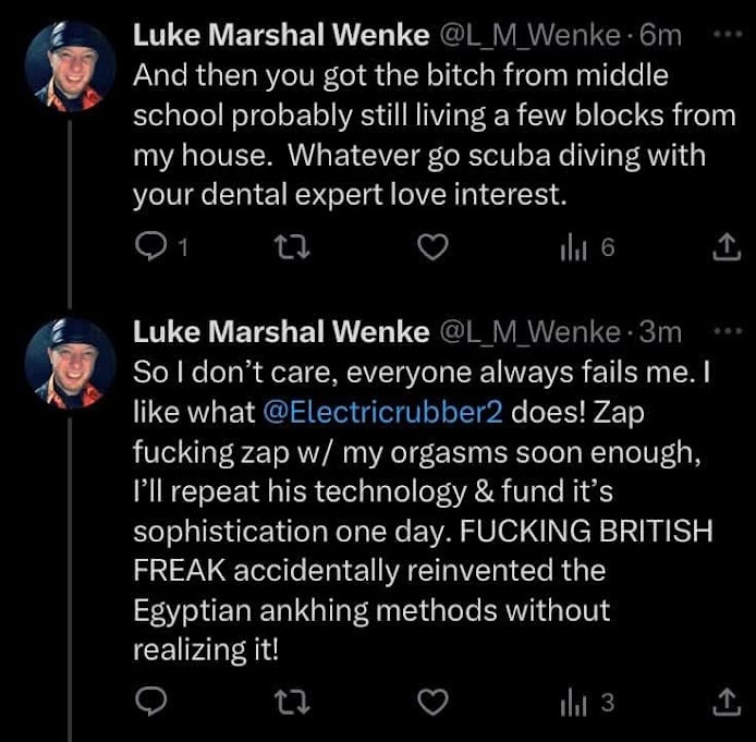 screenshot of an april 2023 x/twitter post by luke wenke obsessing over benjamin ryan teeter and threatening to take lexys kids away