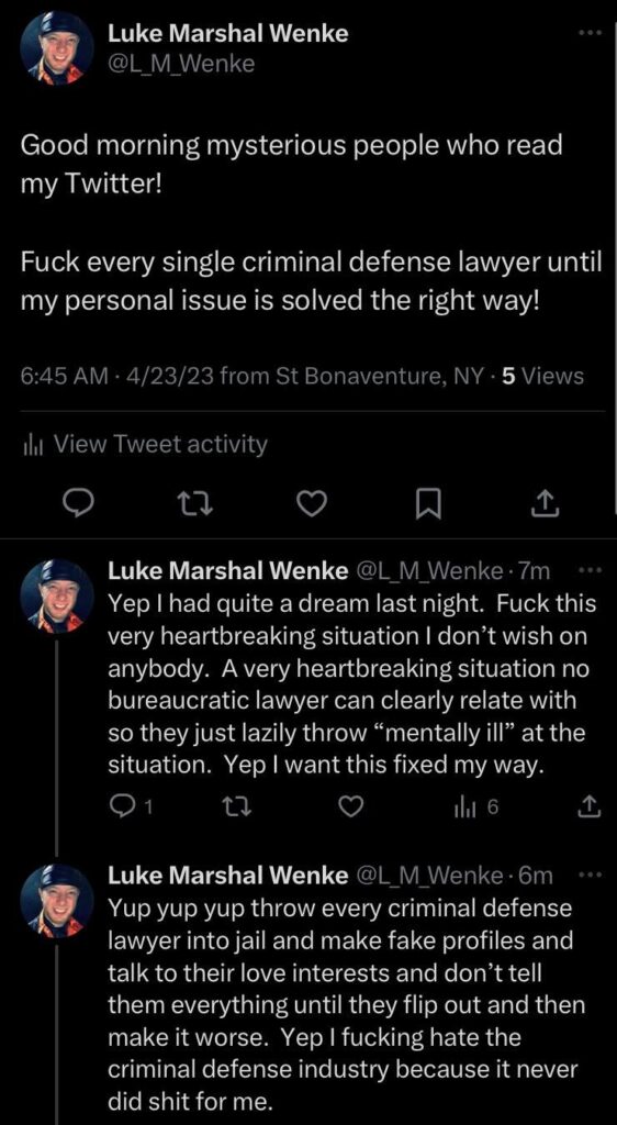 screenshot of an april 2023 x/twitter post by luke wenke blaming the criminal justice system for romantic rejection