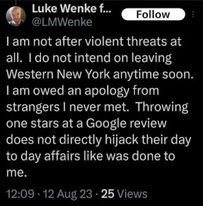 screenshot of an august 2023 x/twitter post by ulke wenke denying allegations of violence