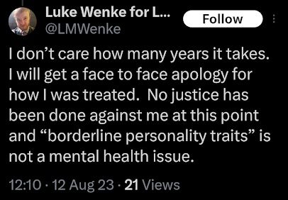 screenshot of an august 2023 x/twitter post by luke wenke demanding an apology from stalking victim ryan teeter